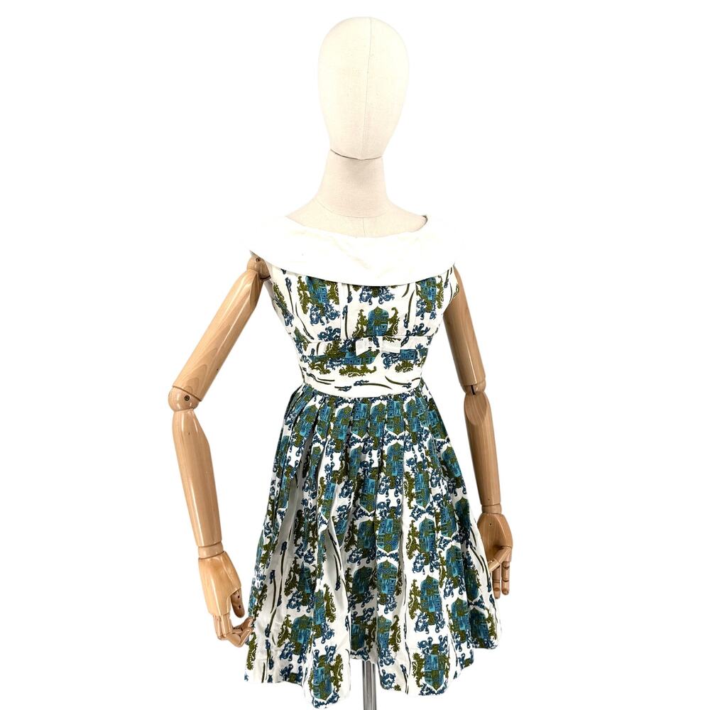 Vintage 60s Custom Made White Blue Crest Portrait Collar Mini Dress